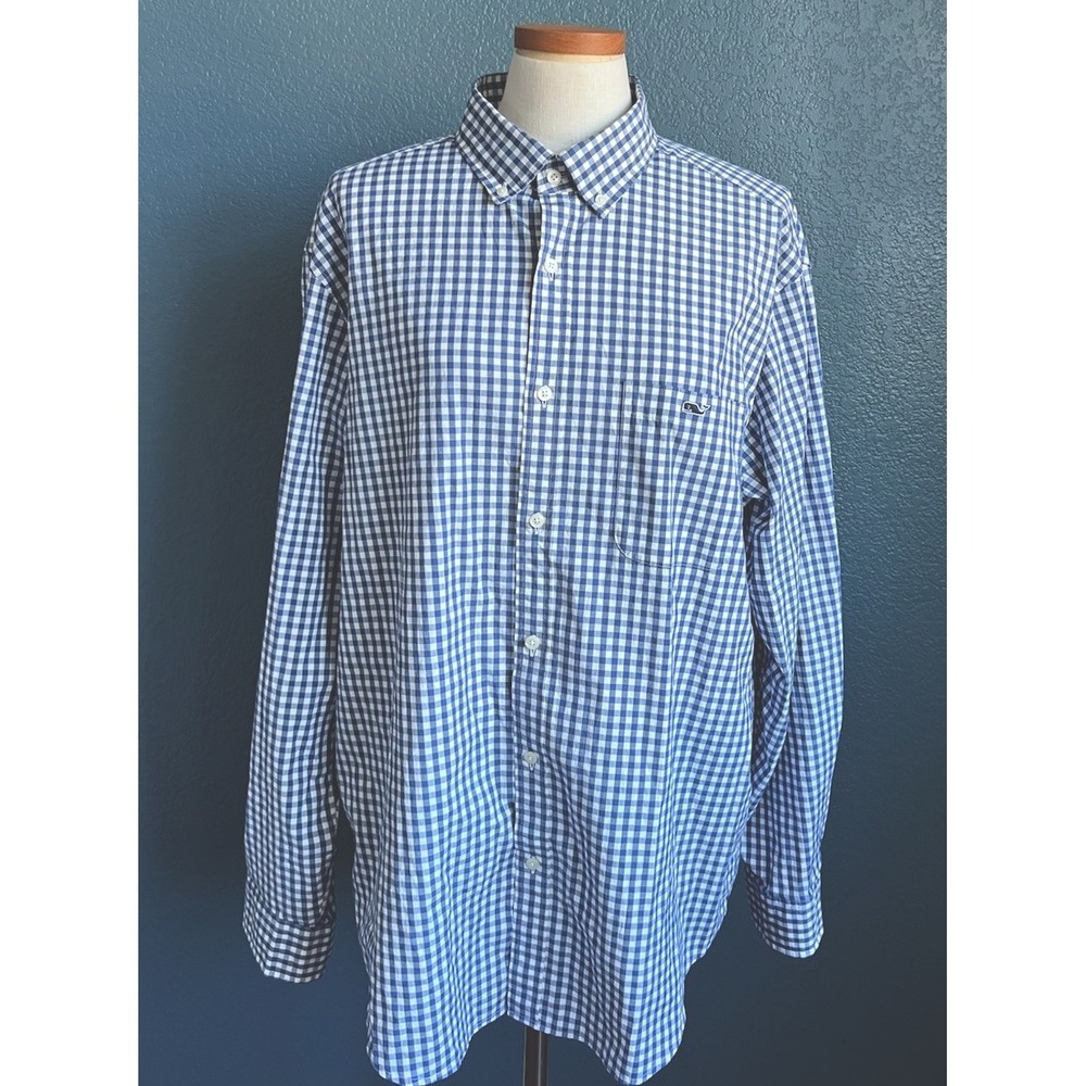 Vineyard Vines Shirt Men XL Blue White Gingham Check Whale Button Up Long Sleeve